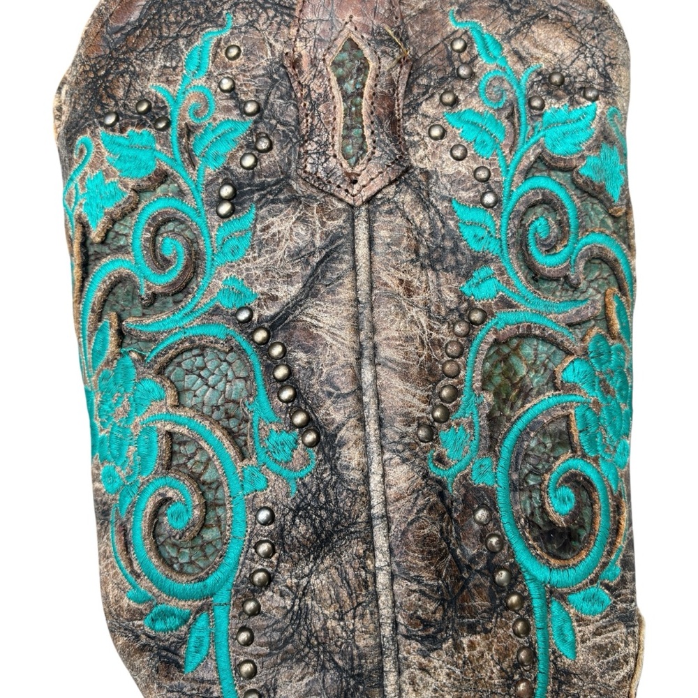 CORRAL Boots Dark Antique Saddle Floral  Turquoise Inlay & Studs 6.5 - Picture 7 of 16